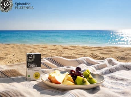 Ταμπλέτες Spiroulina PLATENSIS χωρίς ιώδιο σε παραλία, δίπλα σε πιάτο με φρούτα