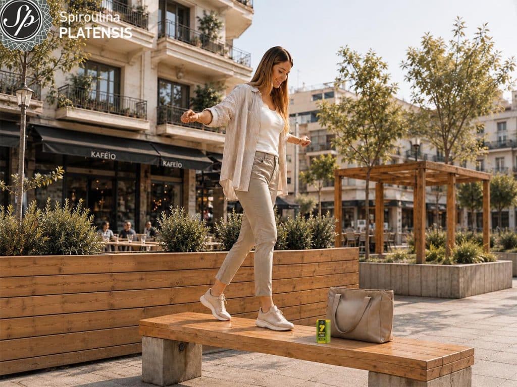 Γυναίκα σε αστικό περιβάλλον με 7 Days Power Spiroulina PLATENSIS δίπλα στην τσάντα της
