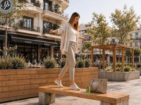 Γυναίκα σε αστικό περιβάλλον με 7 Days Power Spiroulina PLATENSIS δίπλα στην τσάντα της