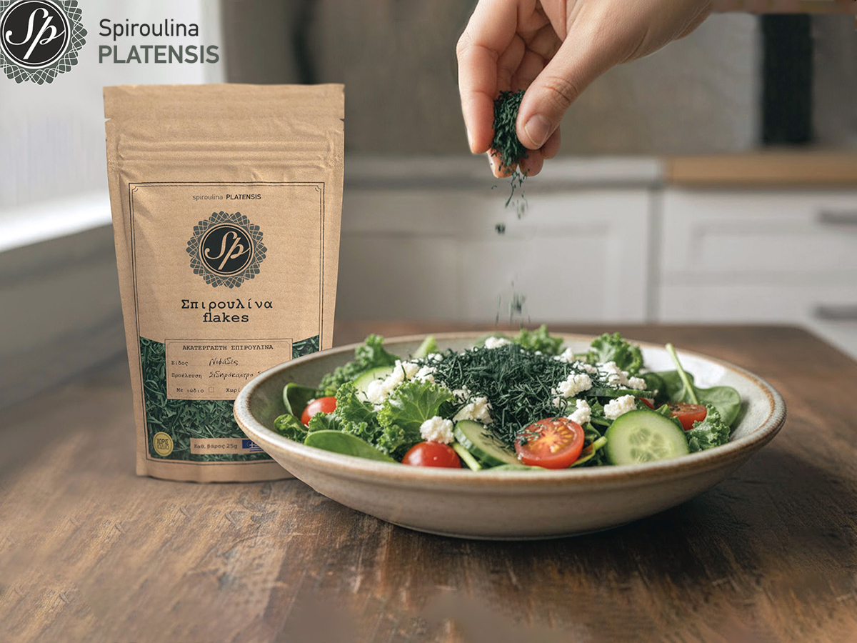 Χέρι πασπαλίζει νιφάδες Spiroulina PLATENSIS σε πράσινη σαλάτα - ιδανική επιλογή για νηστεία.