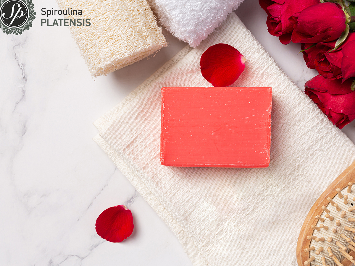 Κόκκινο φυσικό χειροποίητο σαπούνι από ελαιόλαδο με εκχύλισμα τριαντάφυλλου σε μαρμάρινο φόντο και με τριαντάφυλλα΄δεξιά του