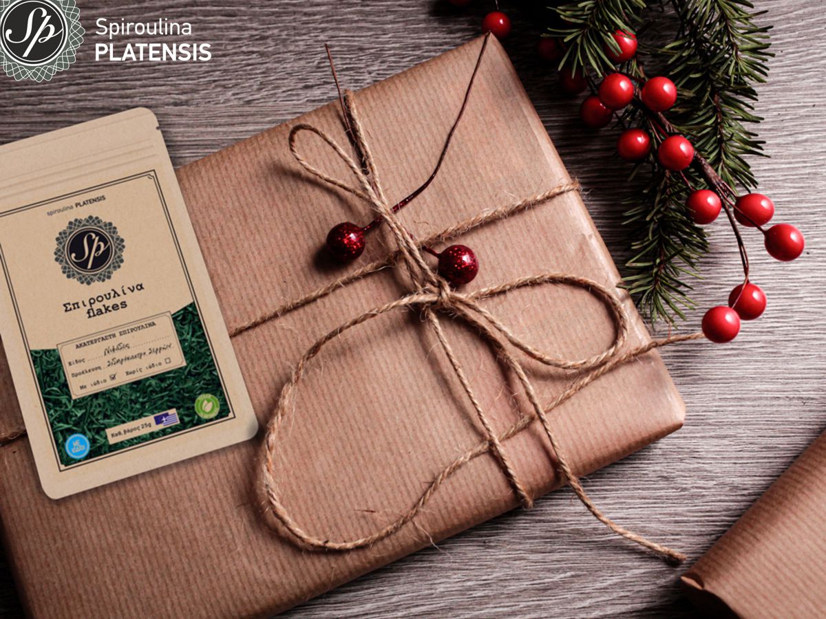 Δώρο με ένα φακελάκι σπιρουλίνα flakes από πάνω