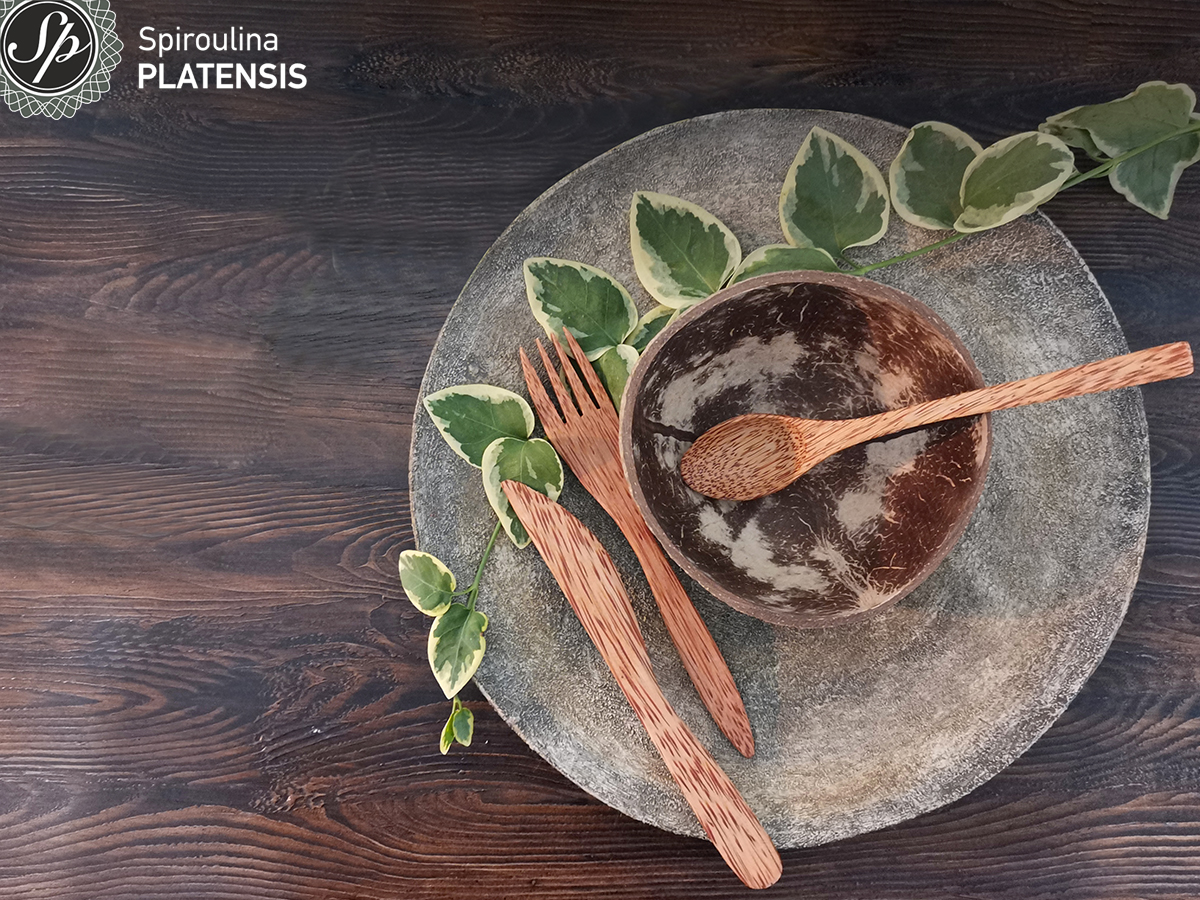 Σετ από coconut μπολ & μαχαιροπίρουνο σε δίσκο πάνω σε ξύλινο πάγκο