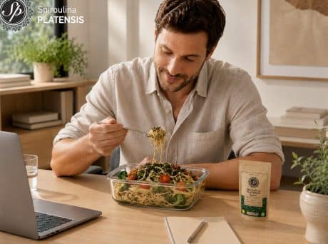Άνδρας τρώει γεύμα με μακαρόνια και Spiroulina PLATENSIS flakes στο γραφείο