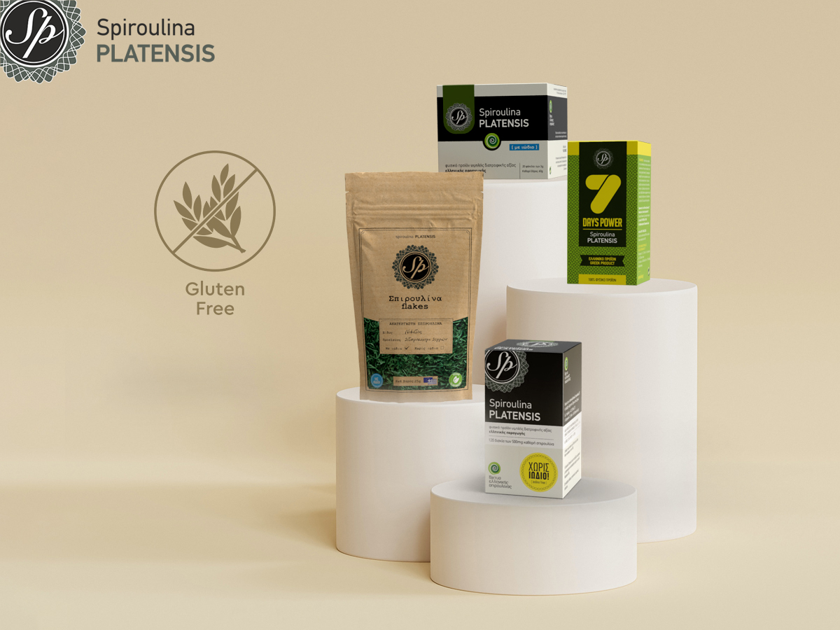 ΠροΪόντα Spiroulina PLATENSIS πάνω σε λευκά βάθρα