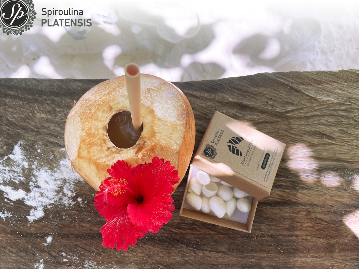 Ένα κουτί με κουκούλια μεταξιού Spiroulina PLATENSIS σε ξύλινο πάγκο δίπλα σε ένα coconut smoothie