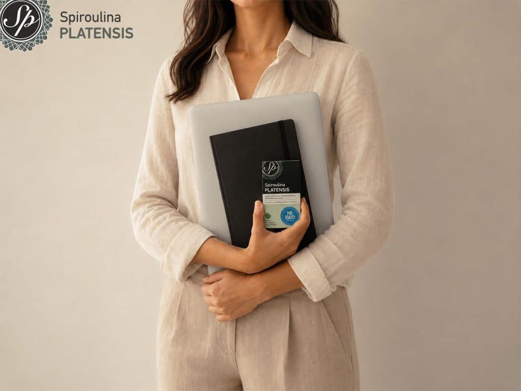 Γυναίκα κρατά Spiroulina PLATENSIS Με Ιώδιο μαζί με laptop και σημειωματάριο για ενέργεια στη δουλειά