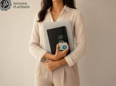 Γυναίκα κρατά Spiroulina PLATENSIS Με Ιώδιο μαζί με laptop και σημειωματάριο για ενέργεια στη δουλειά