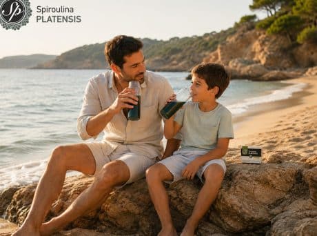 Πατέρας και γιος στην παραλία πίνουν smoothie με Spiroulina PLATENSIS