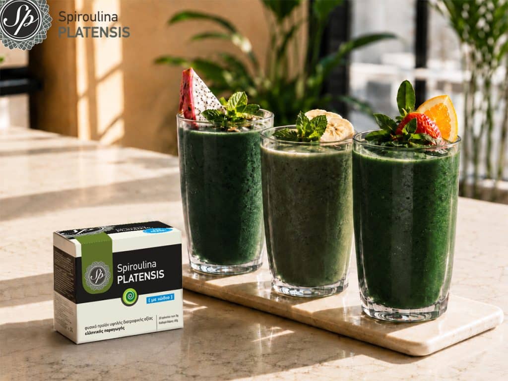 Τρία πράσινα smoothies με Spiroulina PLATENSIS Με Ιώδιο και φρούτα πάνω σε πάγκο