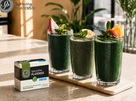 Τρία πράσινα smoothies με Spiroulina PLATENSIS Με Ιώδιο και φρούτα πάνω σε πάγκο