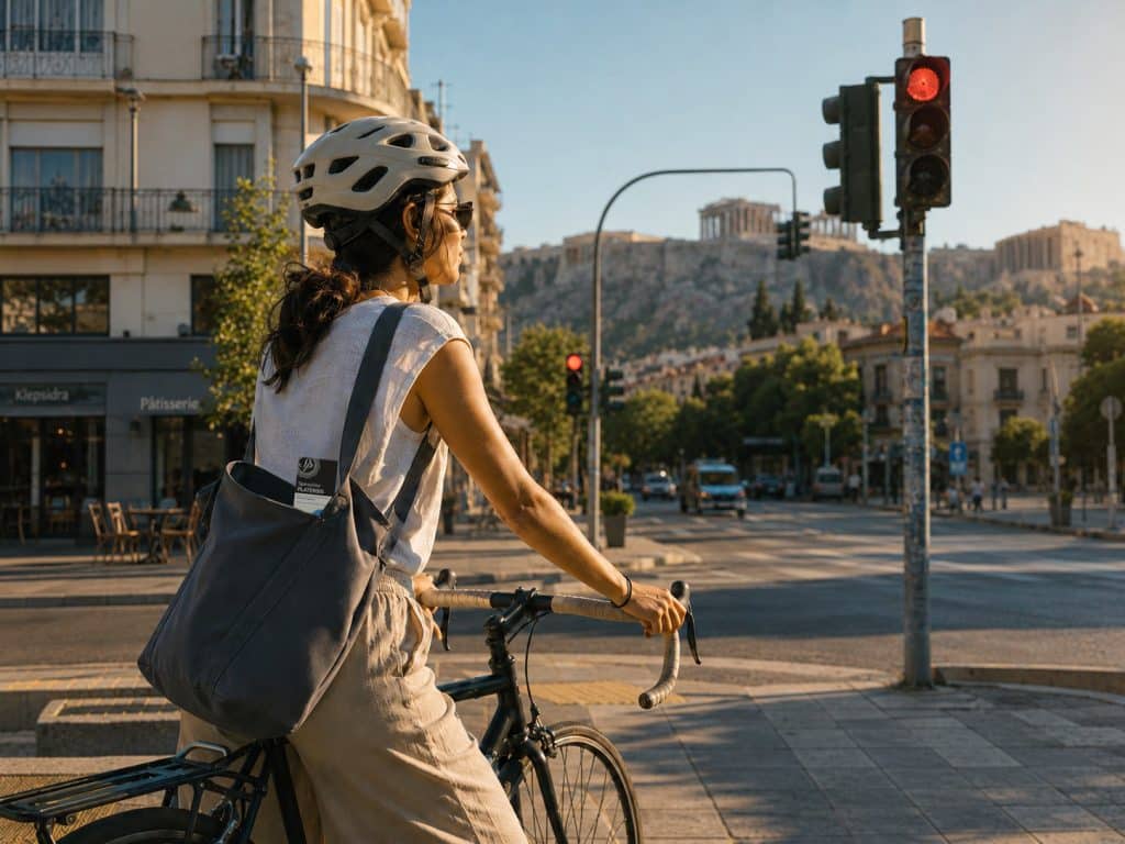 Γυναίκα με ποδήλατο στην πόλη, με Spiroulina PLATENSIS στην τσάντα για φυσική ενέργεια