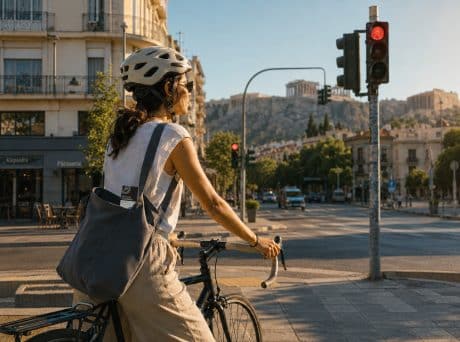 Γυναίκα με ποδήλατο στην πόλη, με Spiroulina PLATENSIS στην τσάντα για φυσική ενέργεια