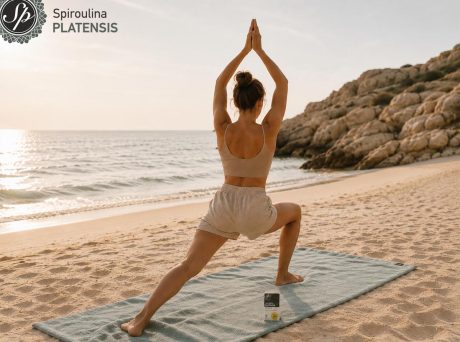 Γυναίκα κάνει yoga στην παραλία με Spiroulina PLATENSIS Χωρίς Ιώδιο δίπλα στο στρώμα